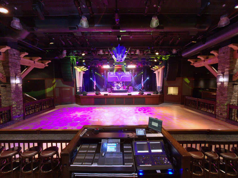 A fisheye view of the inside of The Ranch Saloon, showing a stage, dancefloor, seating, and bars