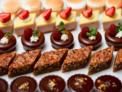 Rows of bite-sized strawberry-topped cakes, chocolate-coated donuts, rich brownies, and muffin tops on a white platter.