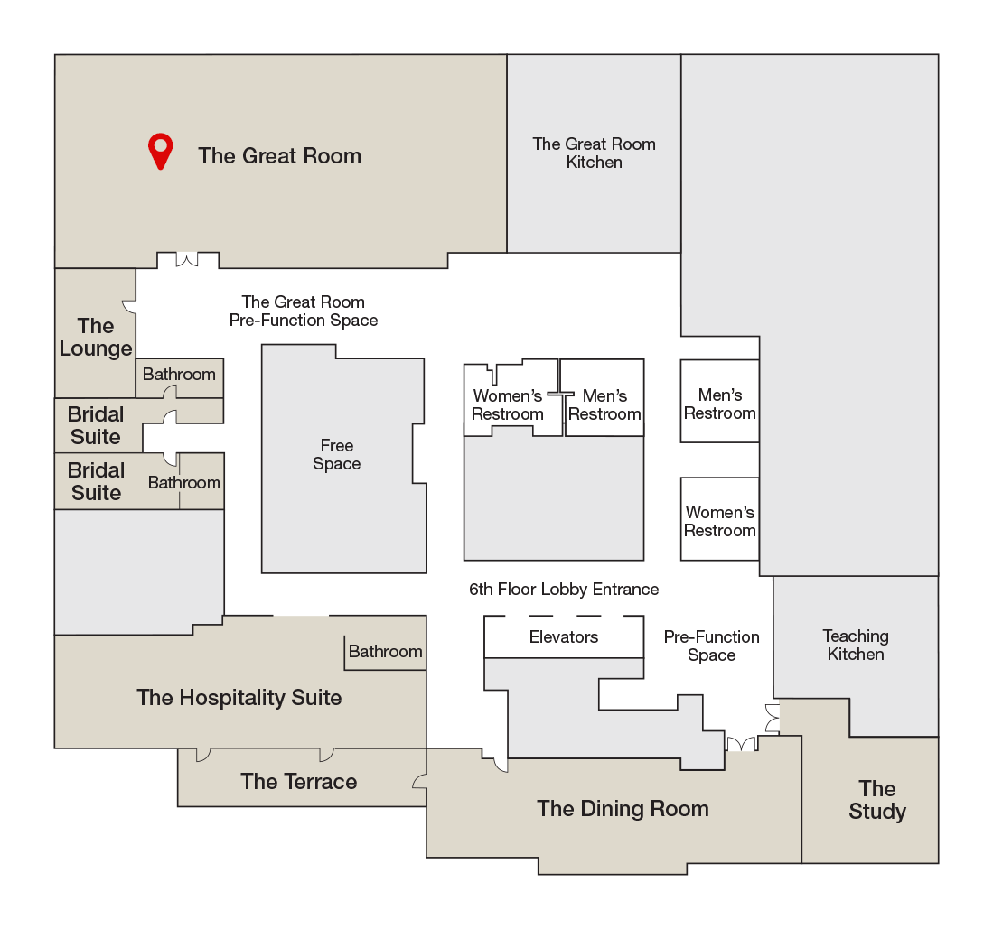 The floor plan for the 6th floor, with a pin indicating the location of The Great Room.