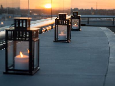 Closeup of three lanterns on The Terrace.