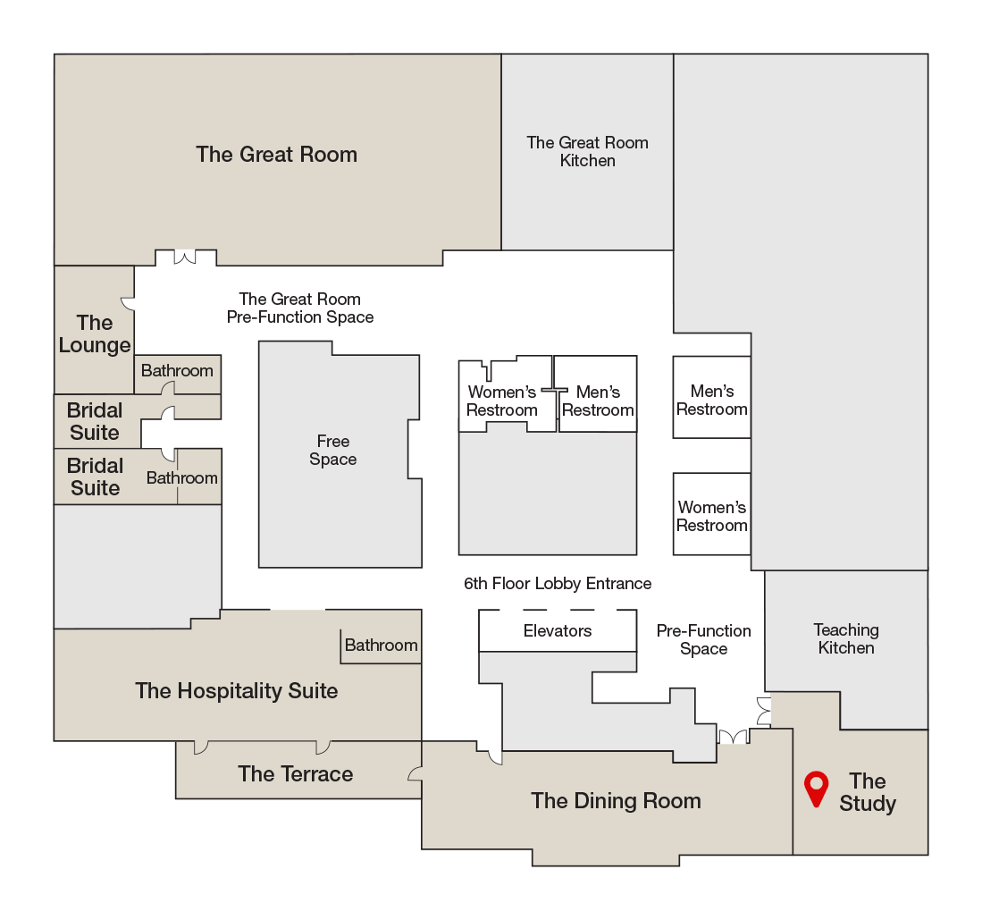 The floor plan for the 6th floor, with a pin indicating the location of The Study.